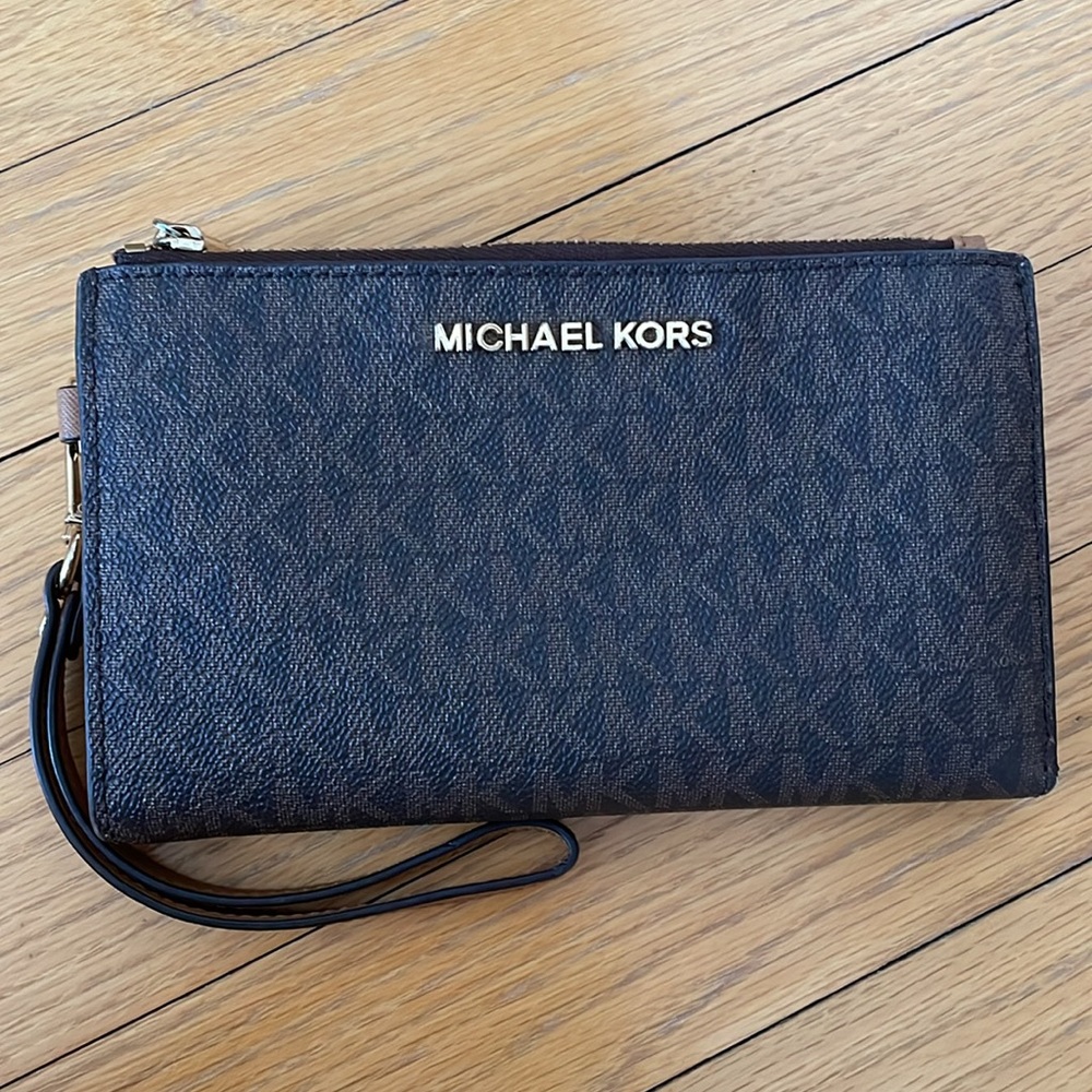 Michael Kors Large Double Zip Wallet Wristlet Leather Rich Brown